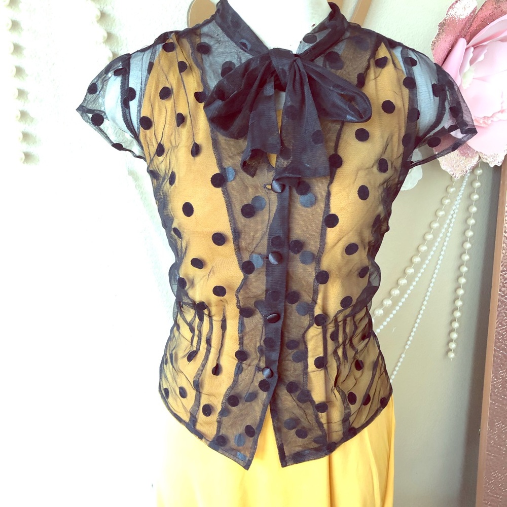 Black polka dot mesh button down shirt